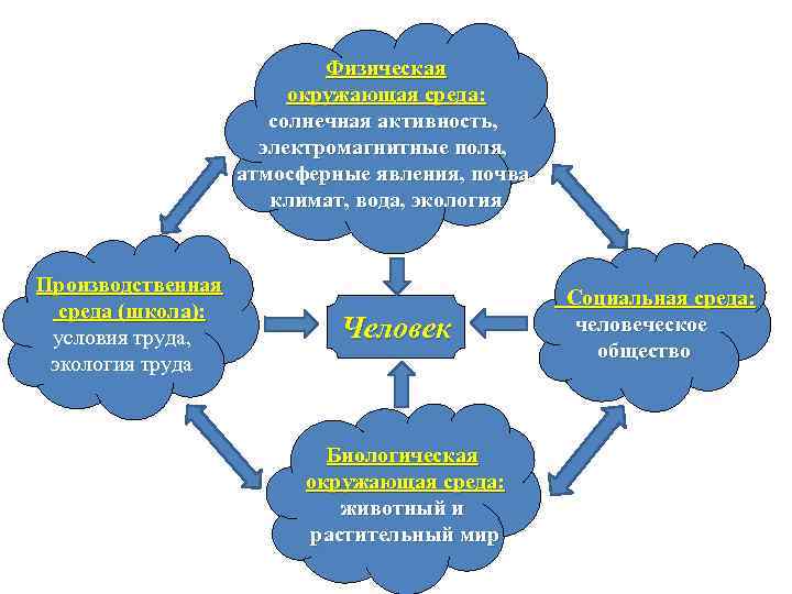 Физическая окружающая среда: солнечная активность, электромагнитные поля, атмосферные явления, почва, климат, вода, экология Производственная