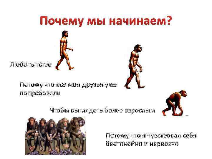 Почему мы начинаем? Любопытство Потому что все мои друзья уже попробовали Чтобы выглядеть более