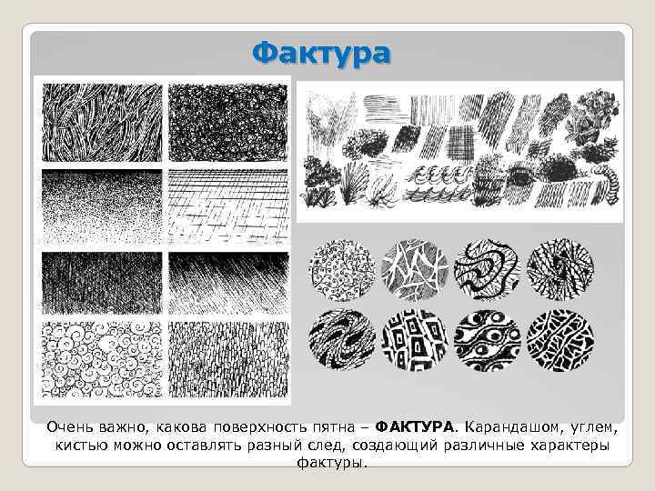 Фактура Очень важно, какова поверхность пятна – ФАКТУРА. Карандашом, углем, кистью можно оставлять разный