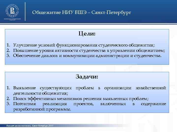 Общежитие НИУ ВШЭ – Санкт-Петербург Цели: 1. Улучшение условий функционирования студенческого общежития; фото 2.