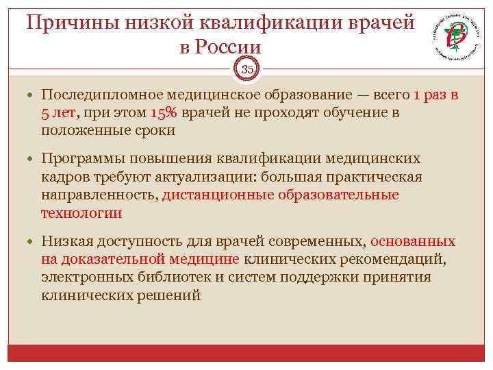 Причины низкой квалификации врачей в России 35 Последипломное медицинское образование — всего 1 раз