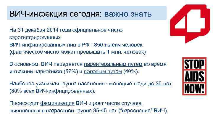 ВИЧ-инфекция сегодня: важно знать На 31 декабря 2014 года официальное число зарегистрированных ВИЧ-инфицированных лиц