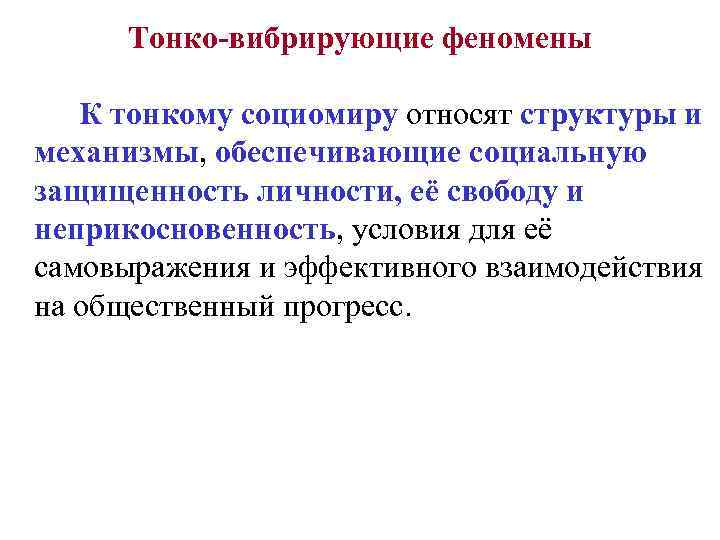 Тонко-вибрирующие феномены К тонкому социомиру относят структуры и механизмы, обеспечивающие социальную защищенность личности, её