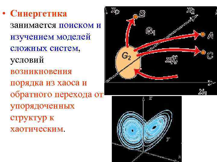  • Синергетика занимается поиском и изучением моделей сложных систем, условий возникновения порядка из
