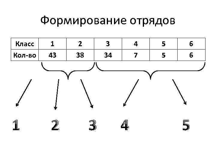 Формирование отрядов Класс Кол-во 1 1 43 2 2 38 3 34 3 4