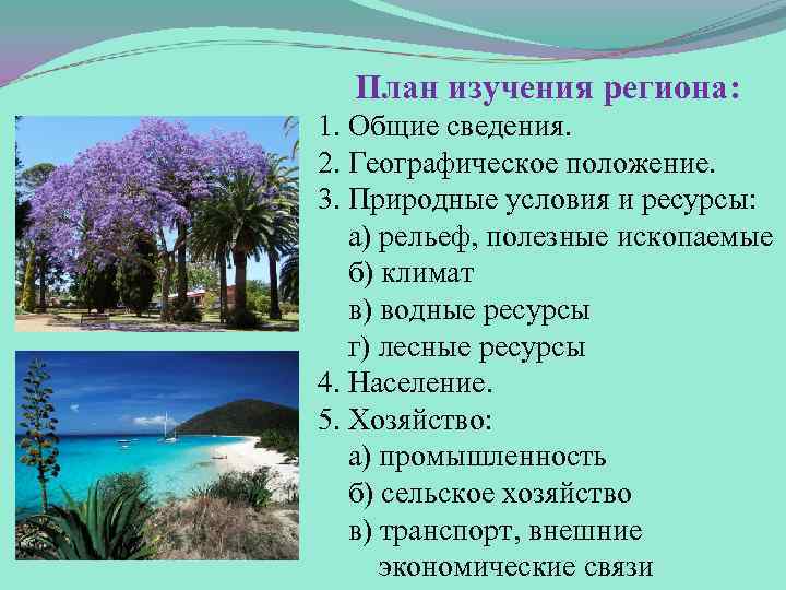 План изучения региона: 1. Общие сведения. 2. Географическое положение. 3. Природные условия и ресурсы: