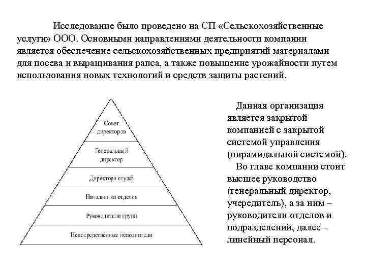 Исследование было проведено на СП «Сельскохозяйственные услуги» ООО. Основными направлениями деятельности компании является обеспечение