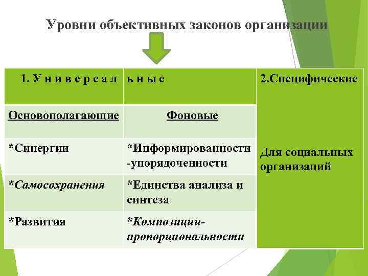 Уровни объективных законов организации 1. У н и в е р с а л