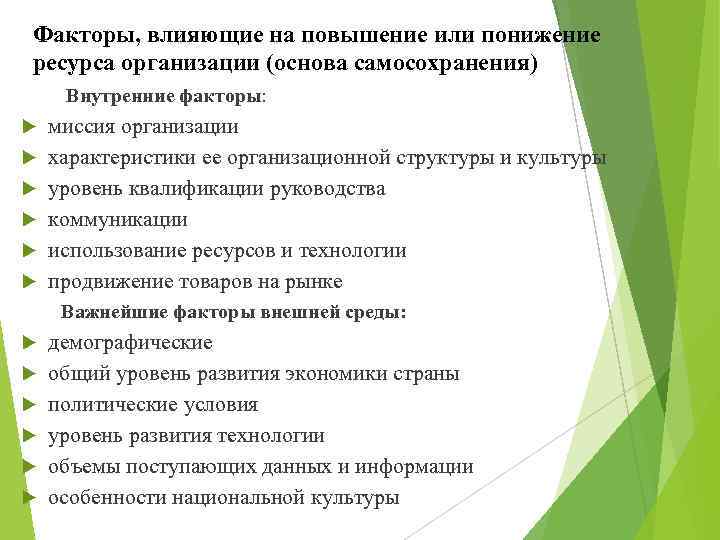 Факторы, влияющие на повышение или понижение ресурса организации (основа самосохранения) Внутренние факторы: миссия организации