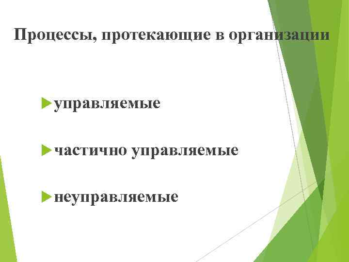 Процессы, протекающие в организации управляемые частично управляемые неуправляемые 