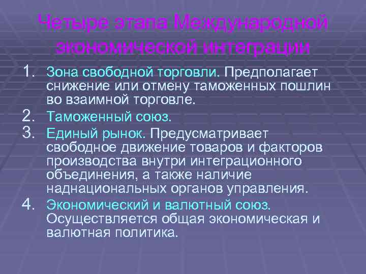 Четыре этапа Международной экономической интеграции 1. Зона свободной торговли. Предполагает снижение или отмену таможенных