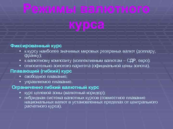 Режимы валютного курса Фиксированный курс § к курсу наиболее значимых мировых резервных валют (доллару,