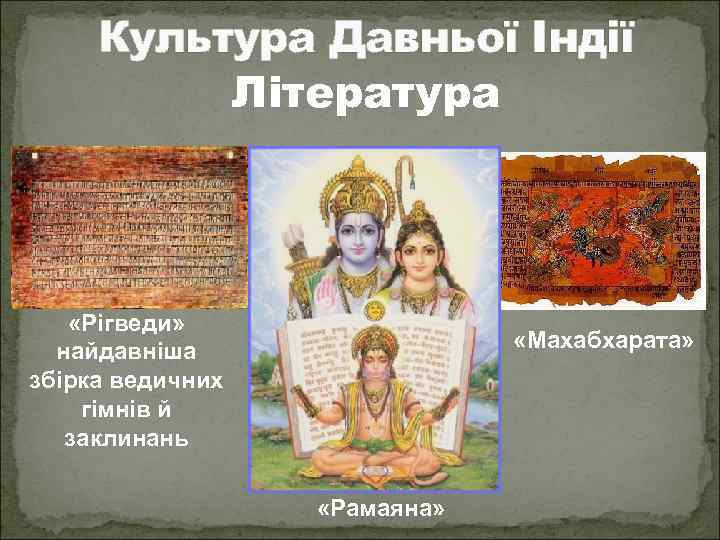 Культура Давньої Індії Література «Рігведи» найдавніша збірка ведичних гімнів й заклинань «Махабхарата» «Рамаяна» 