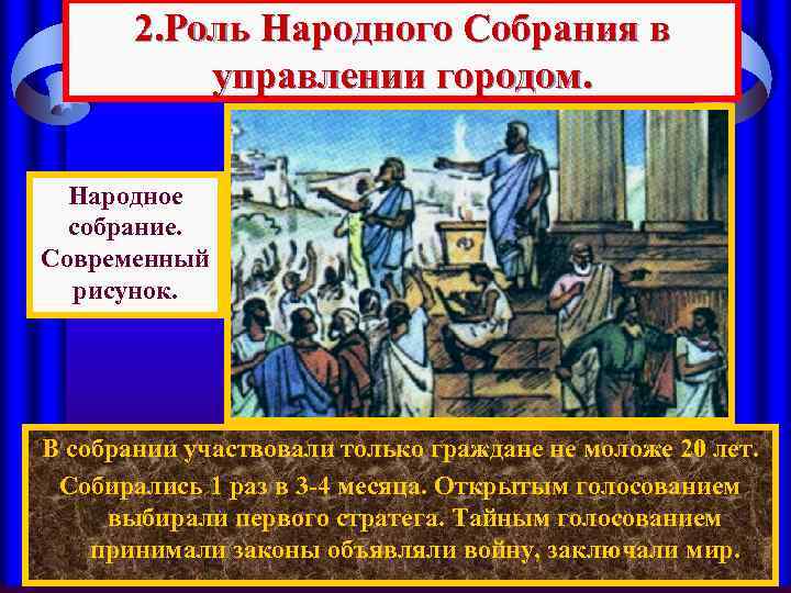 2. Роль Народного Собрания в управлении городом. Народное собрание. Современный рисунок. В собрании участвовали