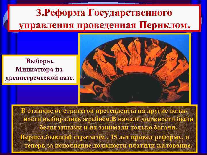 3. Реформа Государственного управления проведенная Периклом. Выборы. Миниатюра на древнегреческой вазе. В отличие от