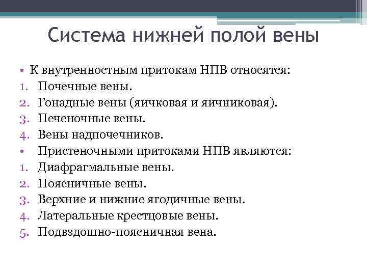 Система нижней полой вены • К внутренностным притокам НПВ относятся: 1. Почечные вены. 2.