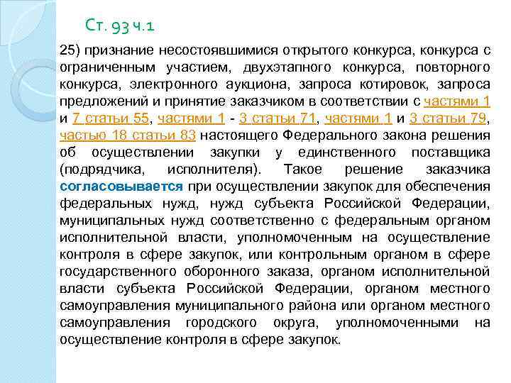 Ст. 93 ч. 1 25) признание несостоявшимися открытого конкурса, конкурса с ограниченным участием, двухэтапного