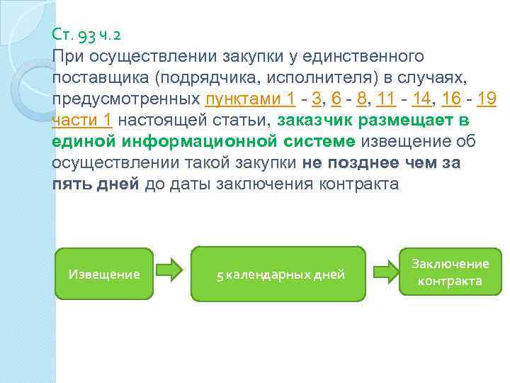 Ст. 93 ч. 2 При осуществлении закупки у единственного поставщика (подрядчика, исполнителя) в случаях,
