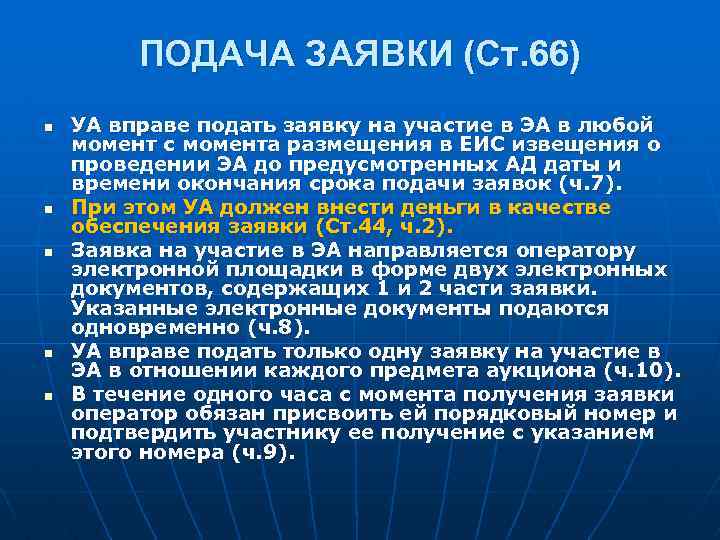 ПОДАЧА ЗАЯВКИ (Ст. 66) n n n УА вправе подать заявку на участие в