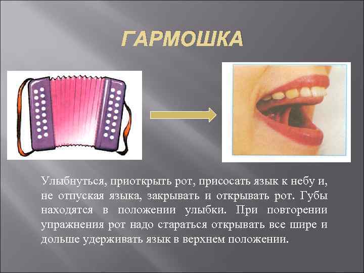 ГАРМОШКА Улыбнуться, приоткрыть рот, присосать язык к небу и, не отпуская языка, закрывать и