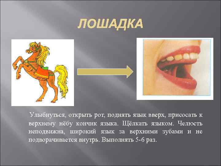 ЛОШАДКА Улыбнуться, открыть рот, поднять язык вверх, присосать к верхнему нёбу кончик языка. Щёлкать