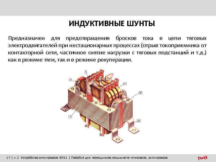 ИНДУКТИВНЫЕ ШУНТЫ Предназначен для предотвращения бросков тока в цепи тяговых электродвигателей при нестационарных процессах