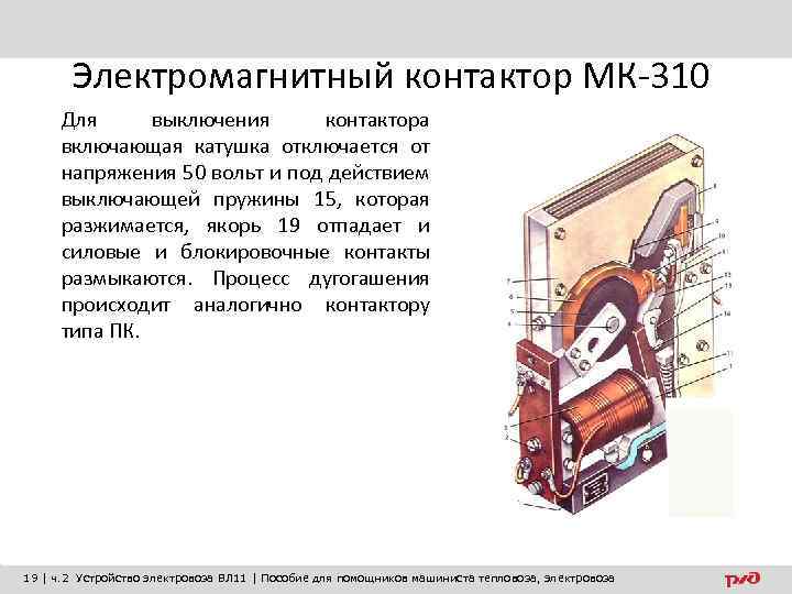 Электромагнитный контактор МК-310 Для выключения контактора включающая катушка отключается от напряжения 50 вольт и