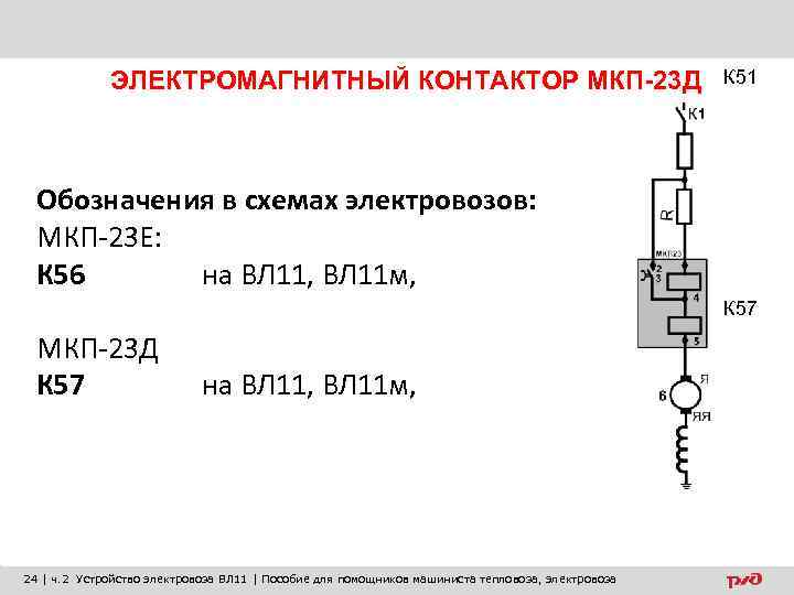 ЭЛЕКТРОМАГНИТНЫЙ КОНТАКТОР МКП-23 Д К 51 Обозначения в схемах электровозов: МКП-23 Е: К 56