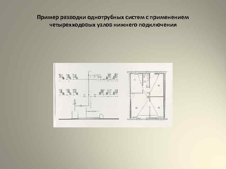 Пример разводки однотрубных систем с применением четырехходовых узлов нижнего подключения 