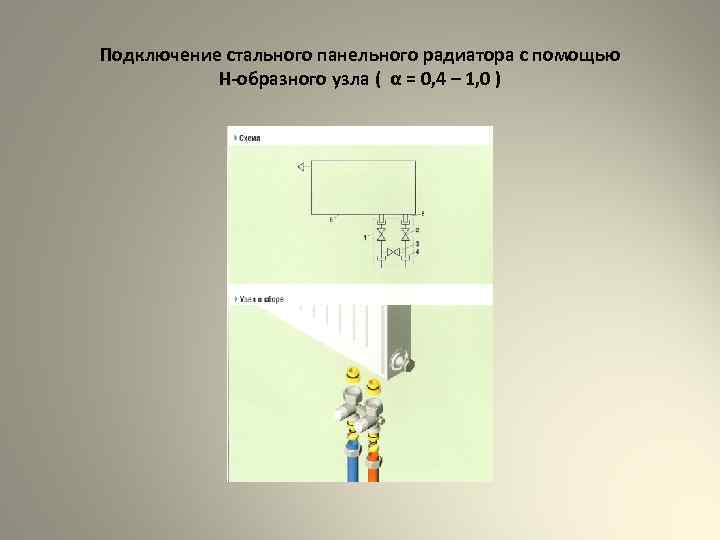 Подключение стального панельного радиатора с помощью Н-образного узла ( α = 0, 4 –