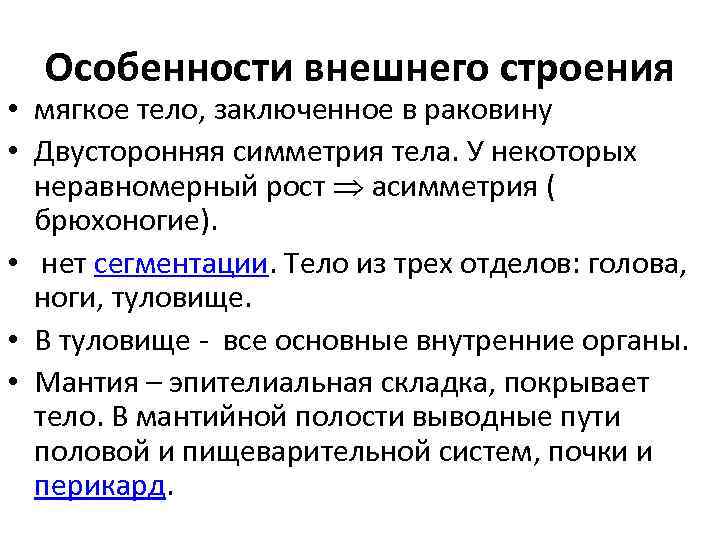 Особенности внешнего строения • мягкое тело, заключенное в раковину • Двусторонняя симметрия тела. У