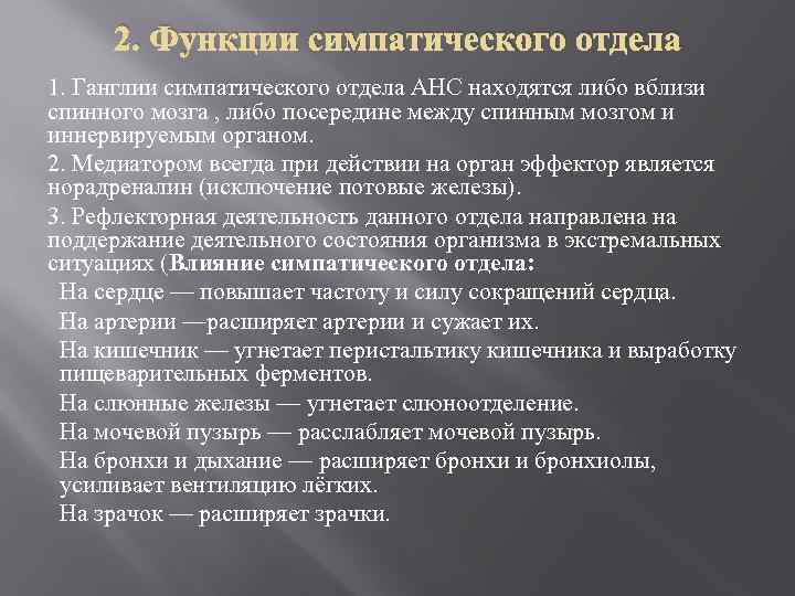2. Функции симпатического отдела 1. Ганглии симпатического отдела АНС находятся либо вблизи спинного мозга