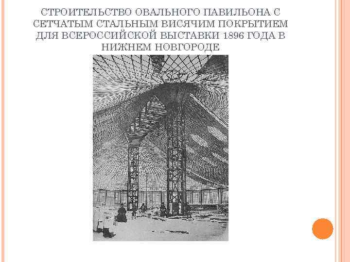 СТРОИТЕЛЬСТВО ОВАЛЬНОГО ПАВИЛЬОНА С СЕТЧАТЫМ СТАЛЬНЫМ ВИСЯЧИМ ПОКРЫТИЕМ ДЛЯ ВСЕРОССИЙСКОЙ ВЫСТАВКИ 1896 ГОДА В