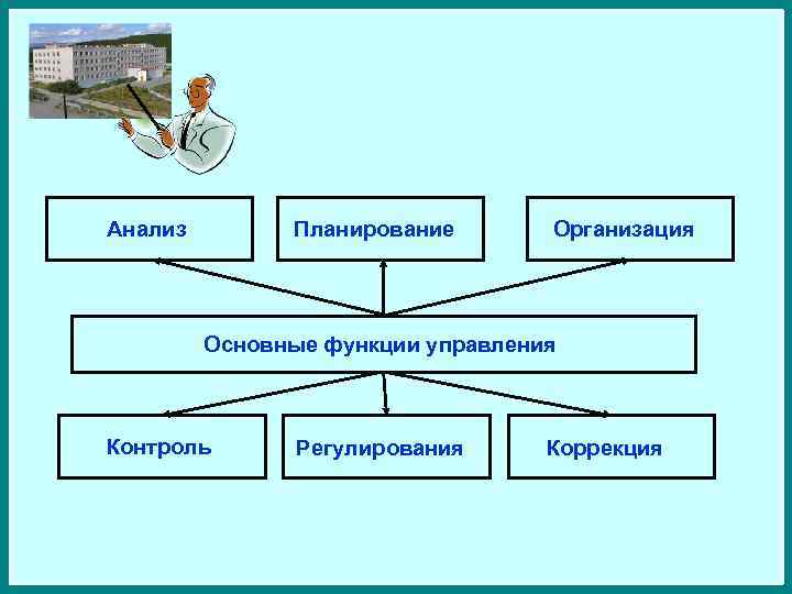 Анализ Планирование Организация Основные функции управления Контроль Регулирования Коррекция 