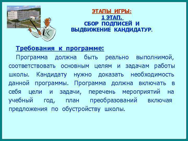 ЭТАПЫ ИГРЫ: 1 ЭТАП. СБОР ПОДПИСЕЙ И ВЫДВИЖЕНИЕ КАНДИДАТУР. Требования к программе: Программа должна