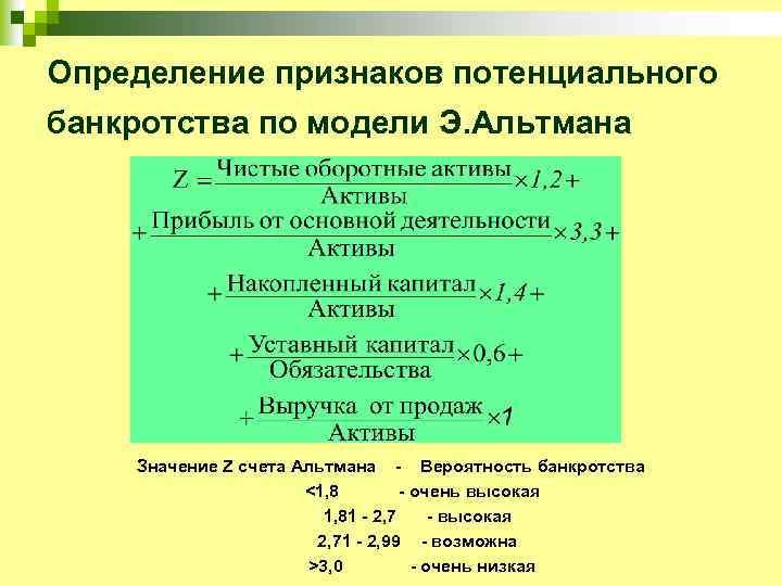 Определение признаков потенциального банкротства по модели Э. Альтмана Значение Z счета Альтмана - Вероятность