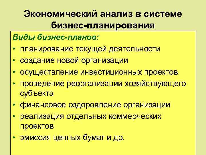 Экономический анализ в системе бизнес-планирования Виды бизнес-планов: • планирование текущей деятельности • создание новой