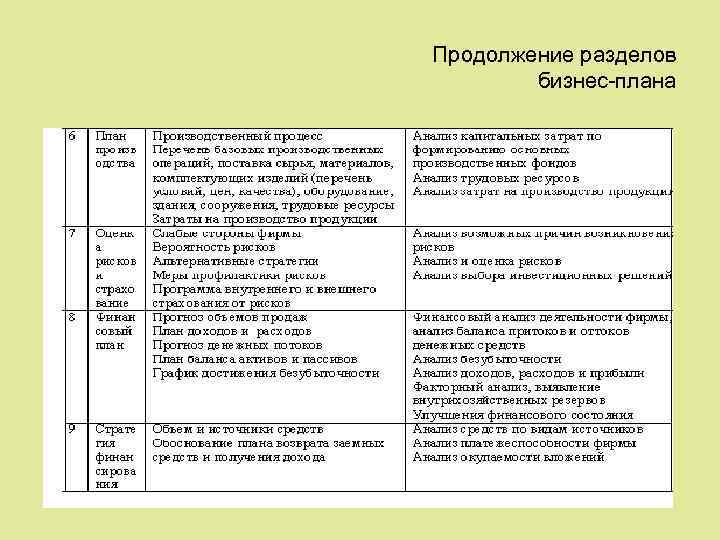 Продолжение разделов бизнес-плана 