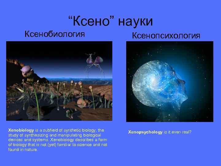 “Ксено” науки Ксенобиология Xenobiology is a subfield of synthetic biology, the study of synthesizing