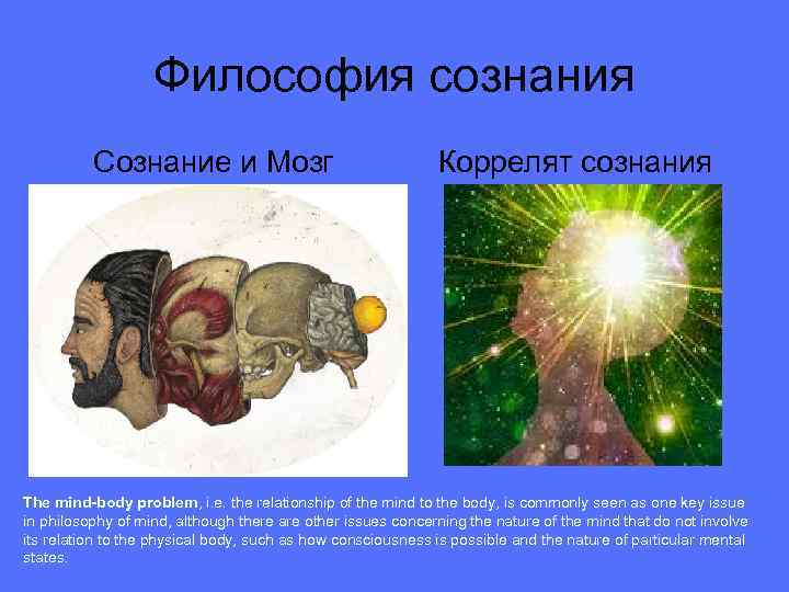 Философия сознания Сознание и Мозг Коррелят сознания The mind-body problem, i. e. the relationship