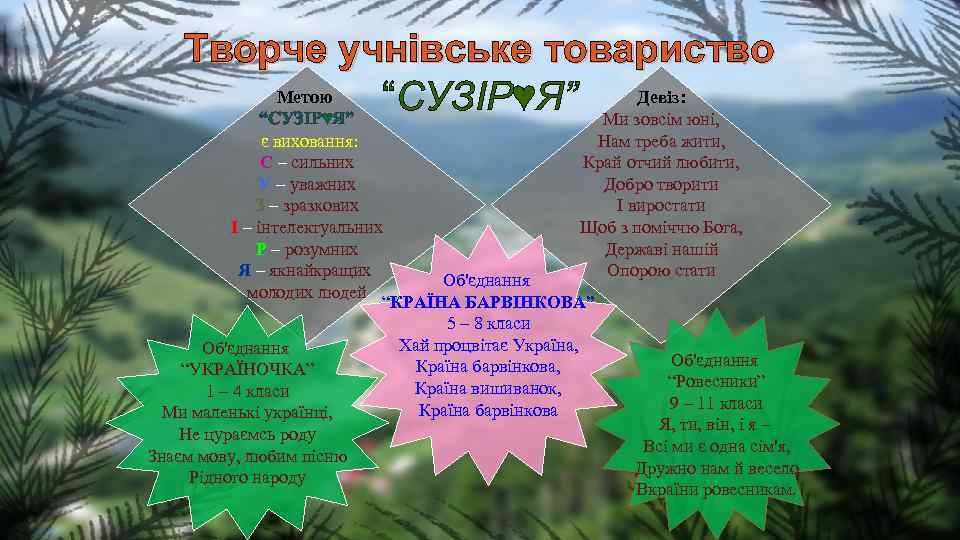 Творче учнівське товариство Метою Девіз: “СУЗІР♥Я” Ми зовсім юні, “СУЗІР♥Я” є виховання: Нам треба