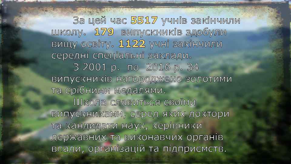 За цей час 5517 учнів закінчили школу. 179 випускників здобули вищу освіту. 1122 учні