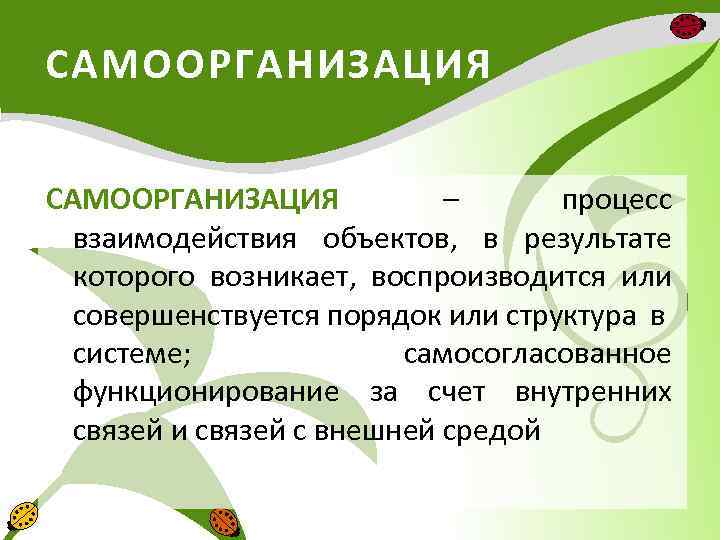 САМООРГАНИЗАЦИЯ – процесс взаимодействия объектов, в результате которого возникает, воспроизводится или совершенствуется порядок или