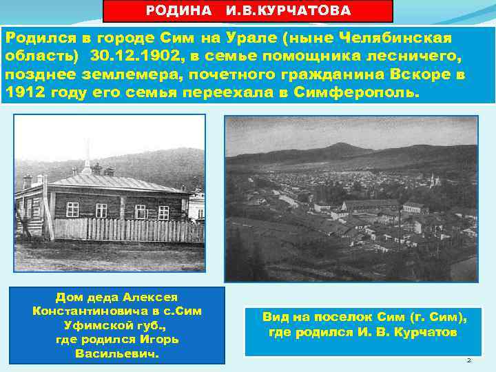 РОДИНА И. В. КУРЧАТОВА Родился в городе Сим на Урале (ныне Челябинская область) 30.