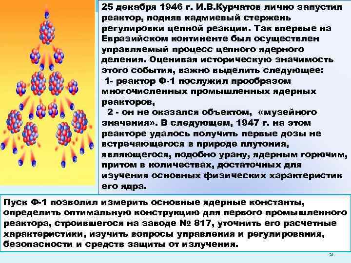 25 декабря 1946 г. И. В. Курчатов лично запустил реактор, подняв кадмиевый стержень регулировки