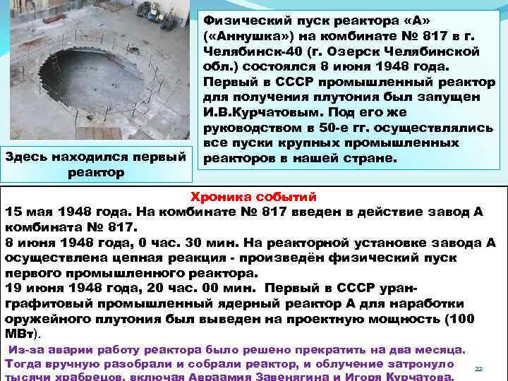 Здесь находился первый реактор Физический пуск реактора «А» ( «Аннушка» ) на комбинате №