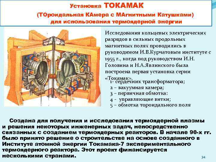 Установка ТОКАМАК (ТОроидальная КАмера с МАгнитными Катушками) для использования термоядерной энергии Исследования кольцевых электрических