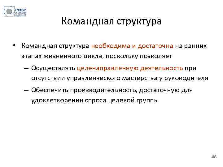 Командная структура • Командная структура необходима и достаточна на ранних этапах жизненного цикла, поскольку
