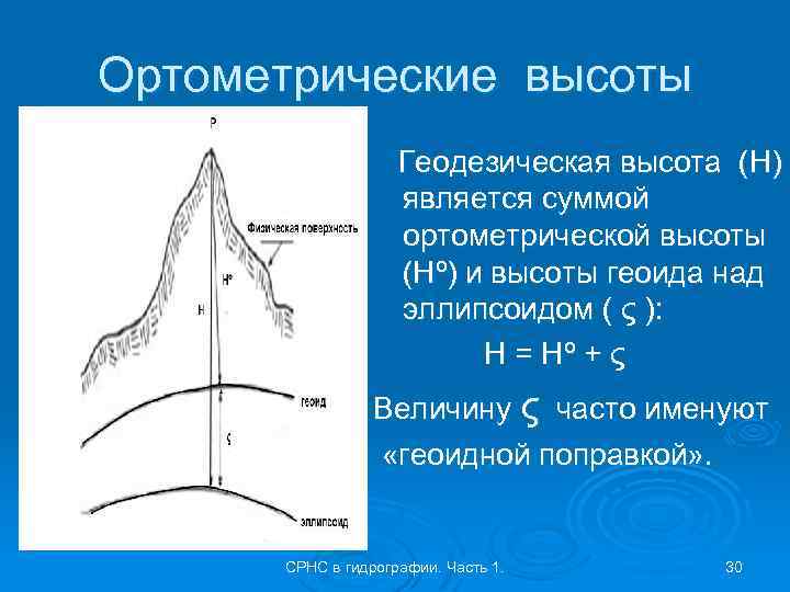 Ортометрические высоты Геодезическая высота (Н) является суммой ортометрической высоты (Нº) и высоты геоида над