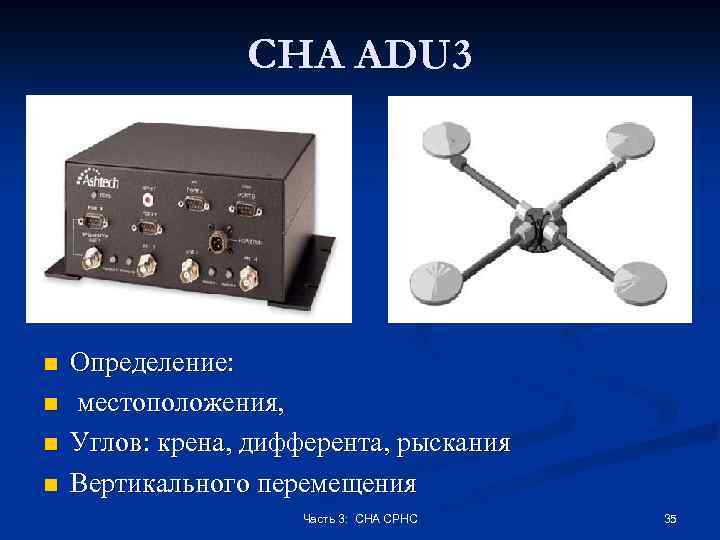 СНА ADU 3 n n Определение: местоположения, Углов: крена, дифферента, рыскания Вертикального перемещения Часть